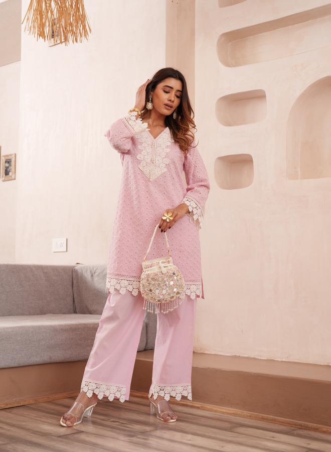 DW Women Embroidered V Neck Cotton Tunic and Trousers Co-Ords - Image 4